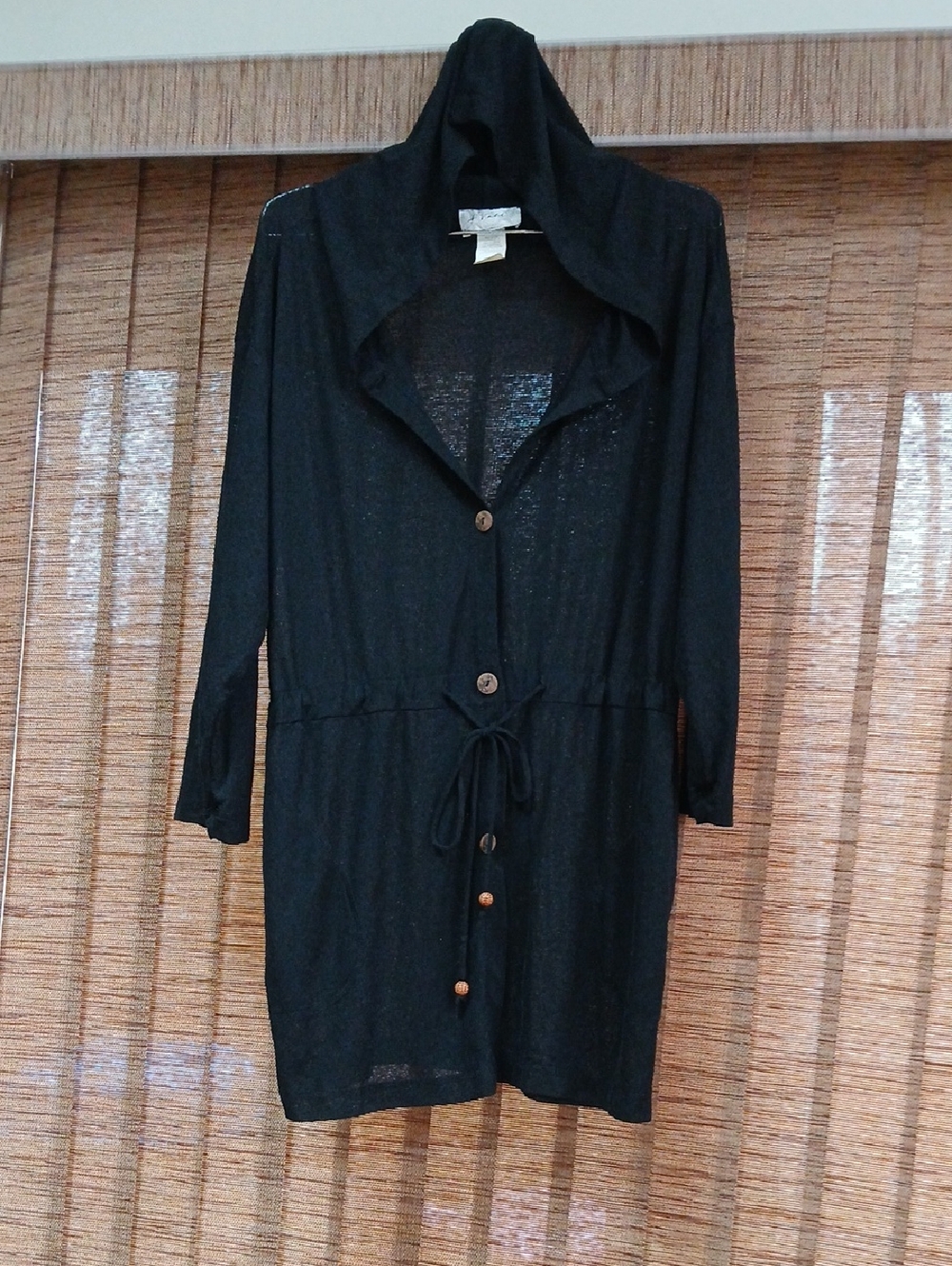 Women's Black Hooded Button-Front Swim Coverup with Drawstring